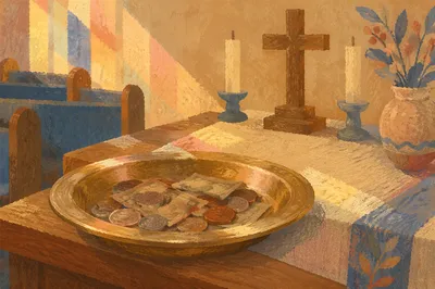 Brass Offering Plate on Church Altar