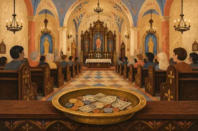 Brass Offering Plate on Historic Church Altar