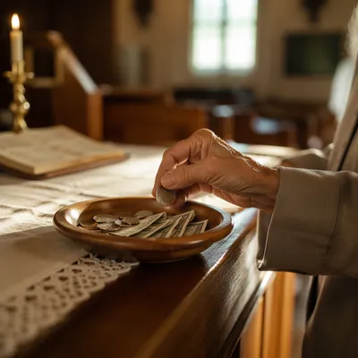 Offering Plate with Coins at Church Altar