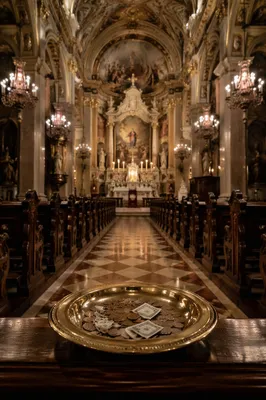 Brass Offering Plate on Historic Church Altar