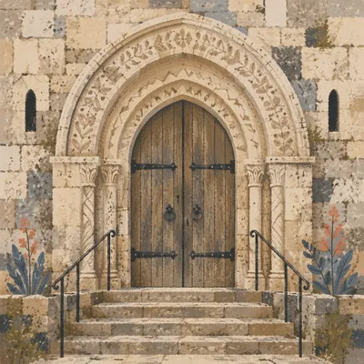 Old Stone Church Arched Wooden Door