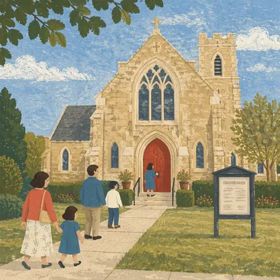 Historic Stone Church with Red Arched Door