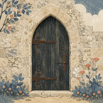Old Arched Church Door in Limestone Wall