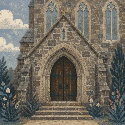 Weathered Arched Door of Historic Stone Church