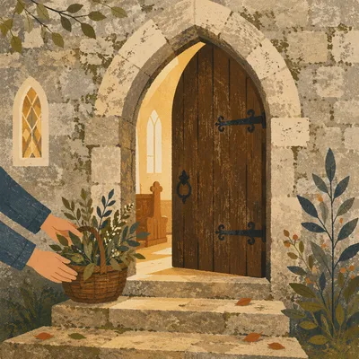 Old Arched Church Door with Morning Welcome
