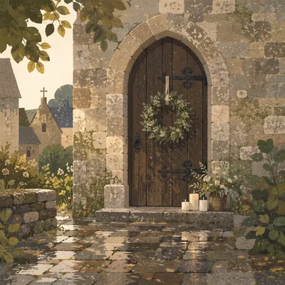 Old Arched Church Door After Rain