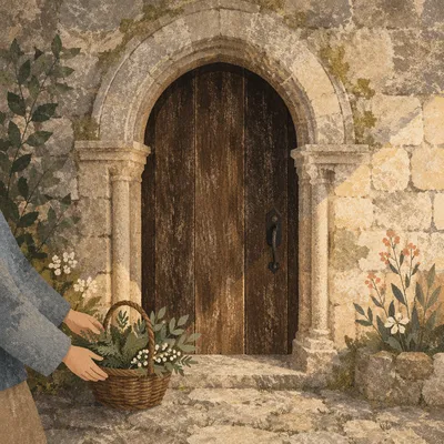 Old Arched Church Door with Greenery