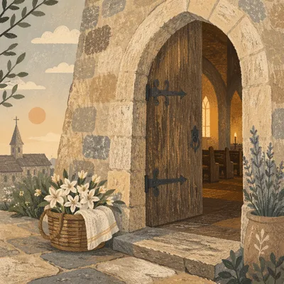 Arched Stone Church Door at Dawn