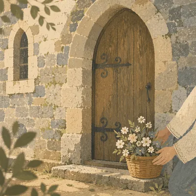 Old Arched Church Door with Wildflowers