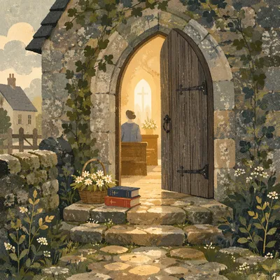 Old Arched Church Door at Morning