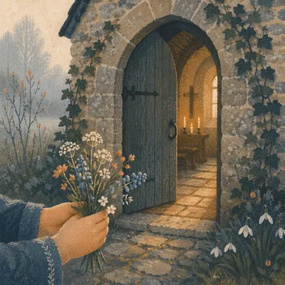 Old Arched Church Door with Wildflowers