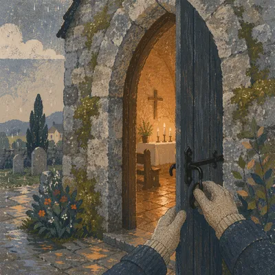 Old Arched Church Door at Sunday Welcome