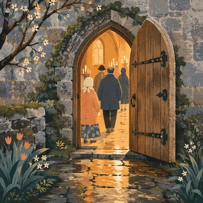 Old Arched Church Door in Candlelight
