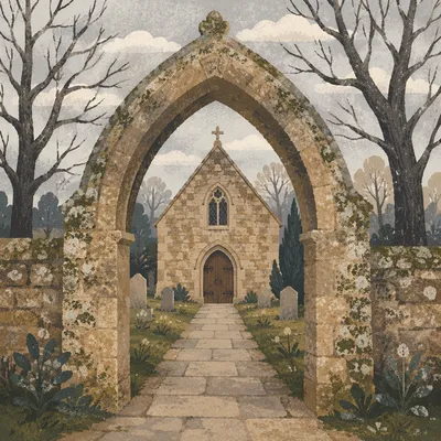 Arched Stone Chapel Entrance in Winter