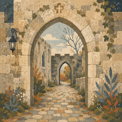Old Stone Church Archway in Autumn