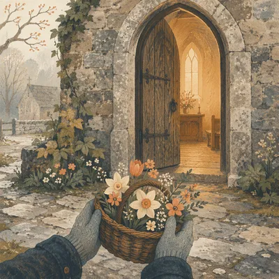 Old Arched Church Door With Flowers