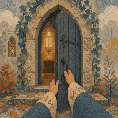 Misty Arched Stone Church Doorway