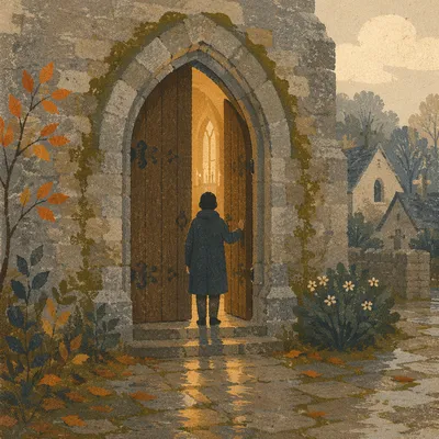 Old Arched Church Door with Candlelit Welcome
