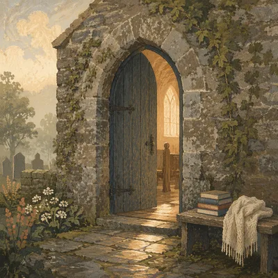 Old Arched Church Door at Morning