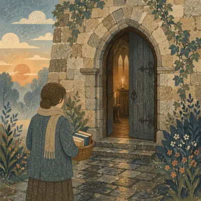 Old Arched Stone Church Door at Dawn
