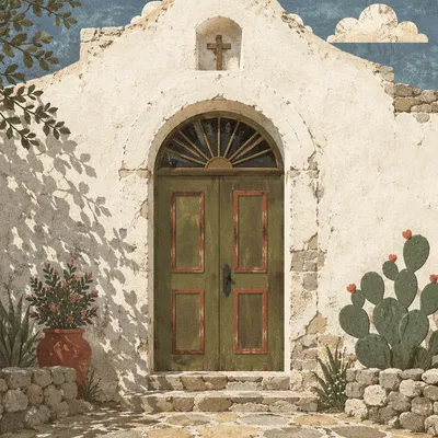 Old Stone Chapel Arched Green Door