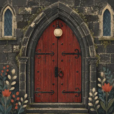 Crimson Arched Door of Historic Stone Chapel