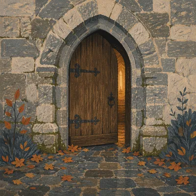 Old Arched Church Door in Rain