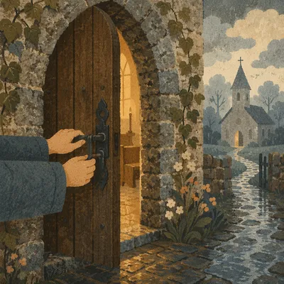 Old Arched Chapel Door in Morning Mist