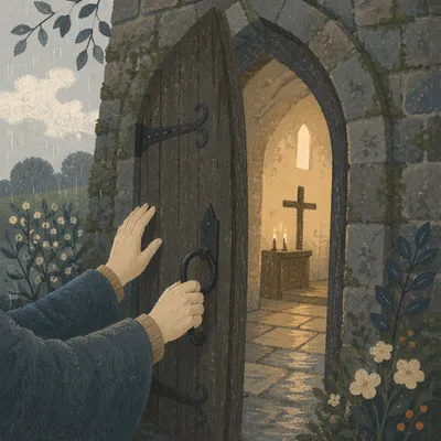 Old Arched Church Door in Candlelight