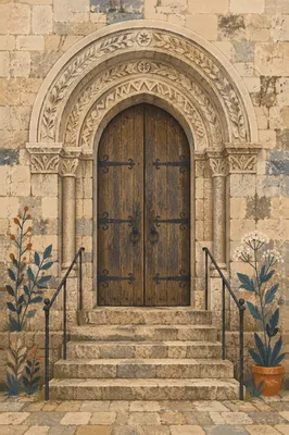 Old Stone Church Arched Wooden Door