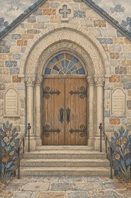 Old Stone Church Arched Wooden Door