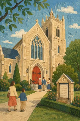Red Arched Door of Historic Stone Church