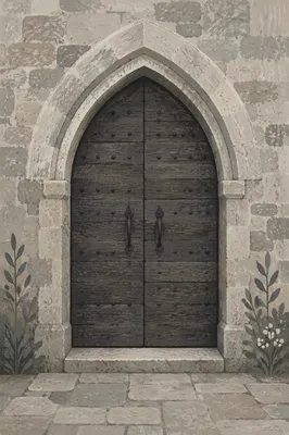 Old Arched Church Door in Stone Wall