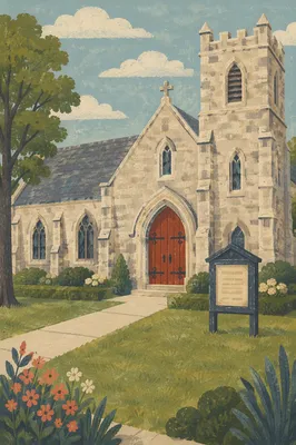 Old Stone Church With Red Arched Door