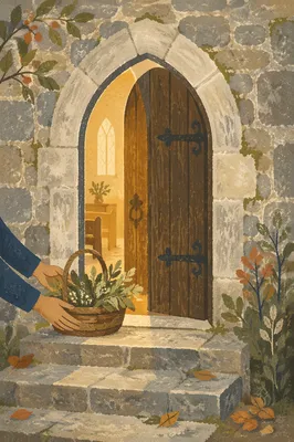 Welcoming Arched Church Door at Dawn