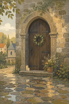 Old Arched Church Door in Morning Light