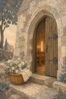 Old Stone Church Door at Dawn