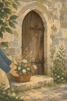Old Arched Church Door with Wildflowers