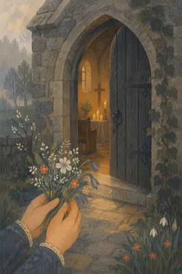 Old Arched Church Door with Wildflowers