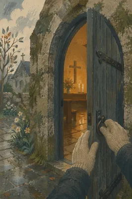 Old Arched Church Door at Sunday Dawn