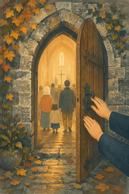 Old Arched Church Door in Morning Light