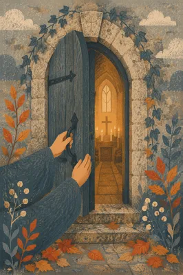 Misty Autumn Arched Stone Church Doorway
