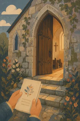 Old Arched Church Door at Morning Worship