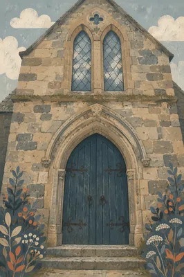 Old Stone Chapel Arched Blue Door