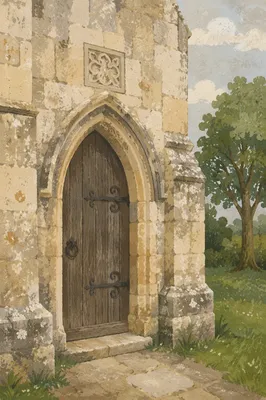 Weathered Arched Door of Old Stone Church