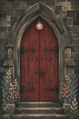 Crimson Arched Door of Old Stone Chapel