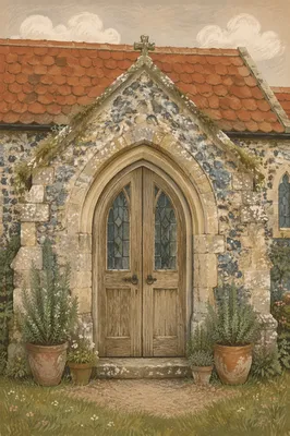 Weathered Arched Door of Old Stone Church