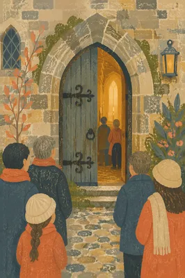 Old Arched Church Door at Morning Worship
