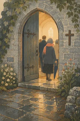 Old Arched Stone Church Doorway at Morning