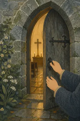 Old Arched Church Door at Candlelit Worship